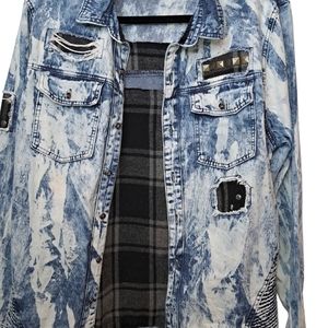 𝅺Imperious Acid Wash Studded Blue White Denim Destroyed Button Down Shirt Jacke
